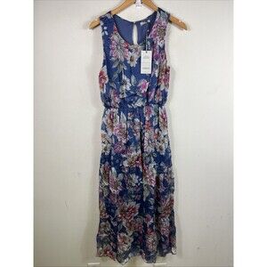 Lara G Womens Floral Silk Blend Blouson Maxi Dress Size L Blue Pink Lightweight